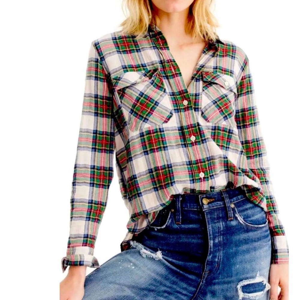 J. Crew Brushed Cotton Tartan Plaid Oversize Button-Up Shirt